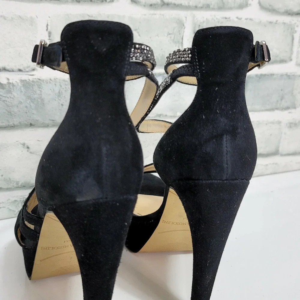Enzo Angiolini Eataelon Black‎ Suede Rhinestone Heels Leather Upper 6M Glam Luxe